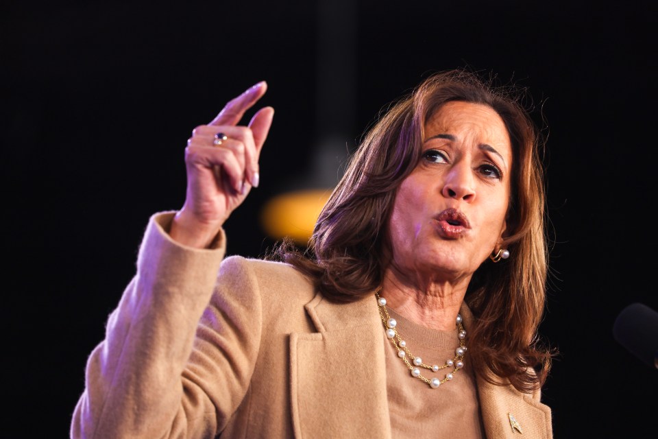 a woman wearing a pearl necklace and a tan coat is speaking into a microphone