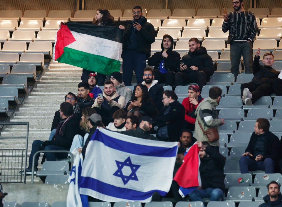 Fans at the match were seen with a Palestine flag and an Israel flag amid the ongoing conflict between Israel and Hamas