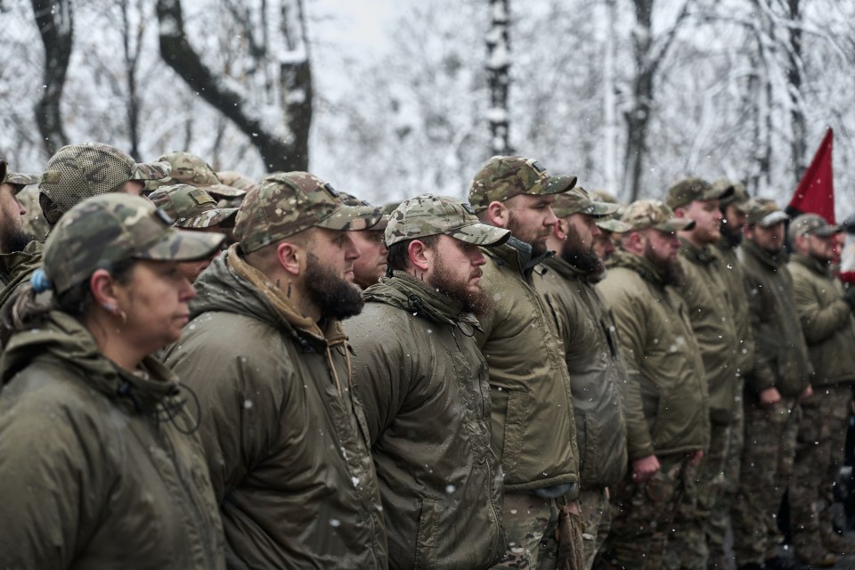 a group of soldiers stand in a line in the snow