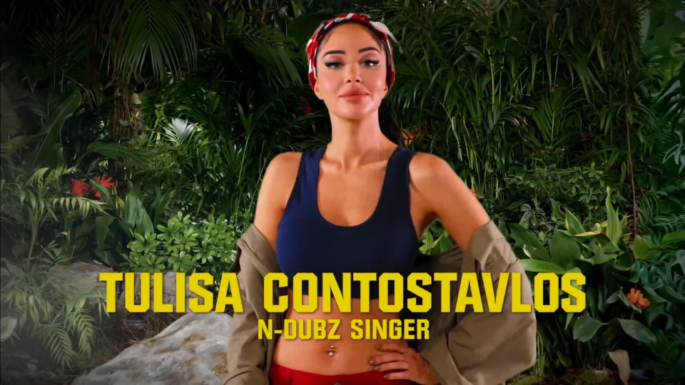 a woman in a blue tank top with the name tulisa contostavlos on the bottom