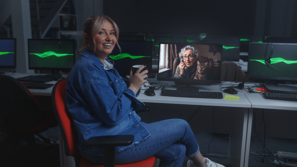 a woman is sitting in front of a dell computer