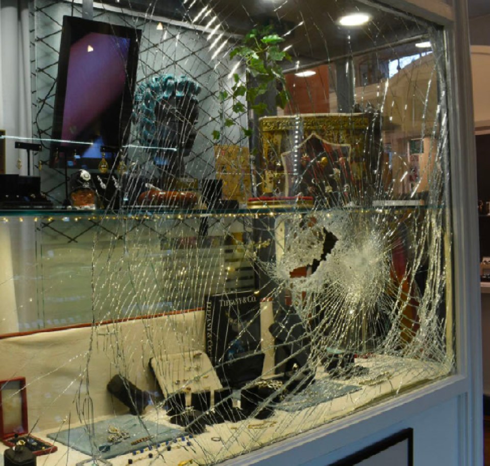 They damaged the window of the antique jewellery store