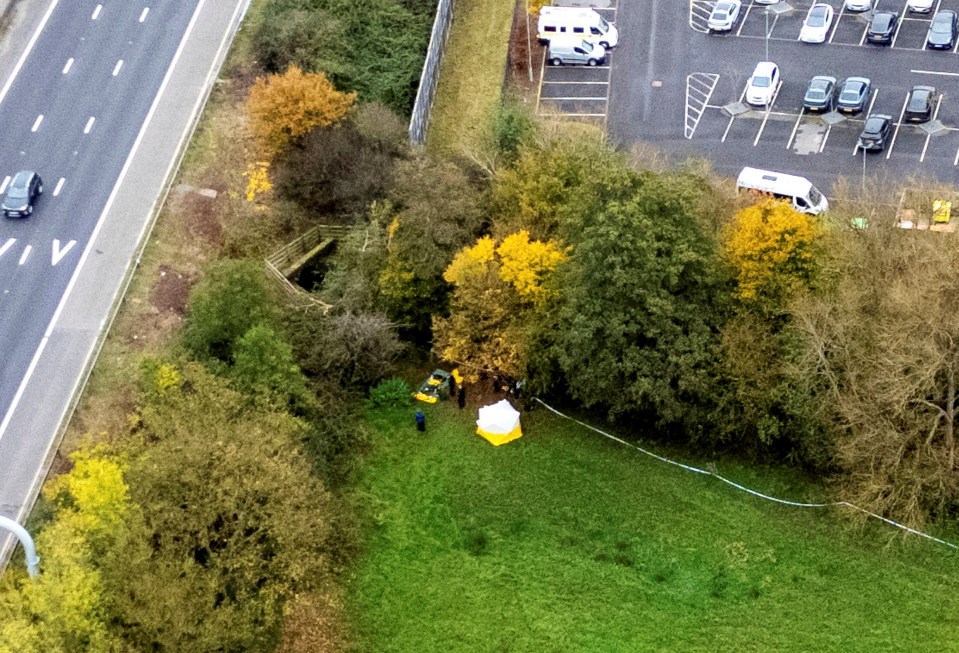 an aerial view of a field with a white tent in the middle