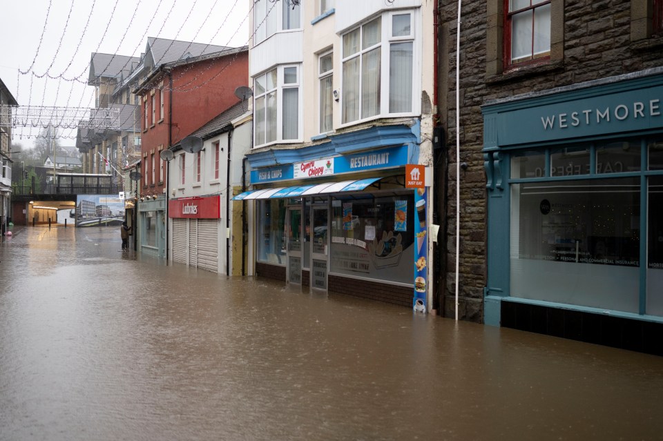 Flooding on Mill Street in Pontypridd, Wales this morning