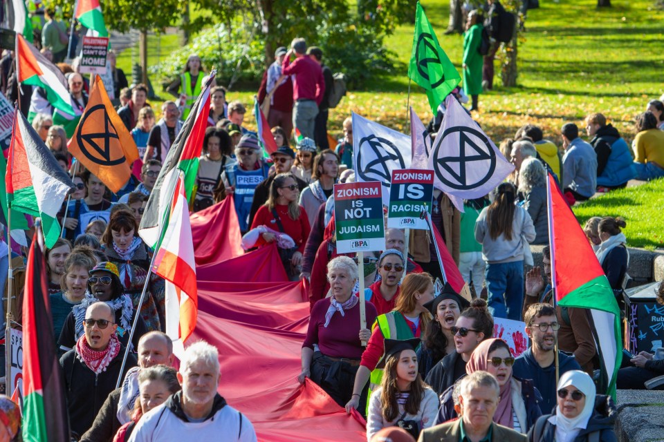 a group of people marching with a sign that says zionism is not racism