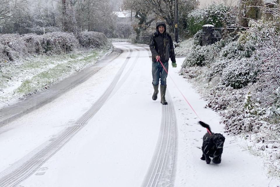 Snow in Doddiscombsleigh in the Teign Valley on the edge of Dartmoor, Devon, yesterday