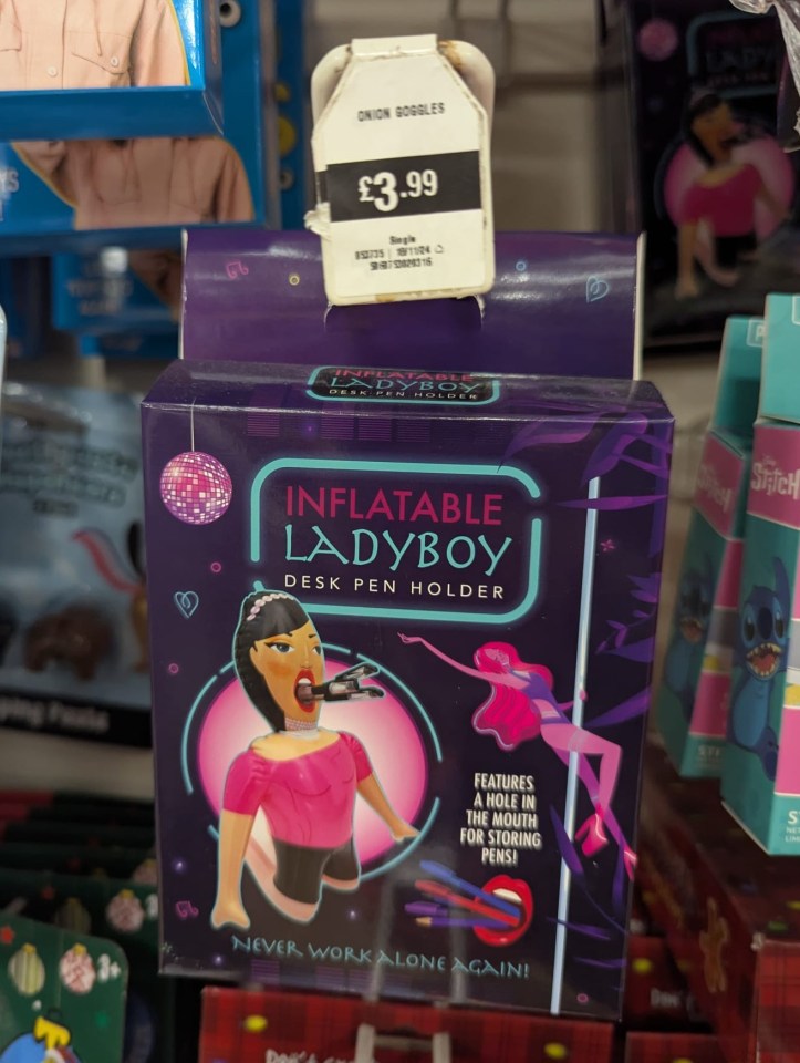 A dad who was out shopping for kids’ Christmas gifts was stunned to find an ‘inflatable ladyboy’ in the toy aisle