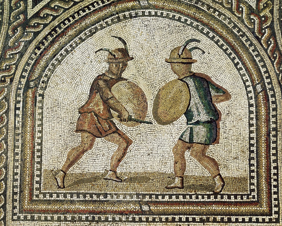 Ancient mosaics from circa 250 AD depict Gladiators battling to the death