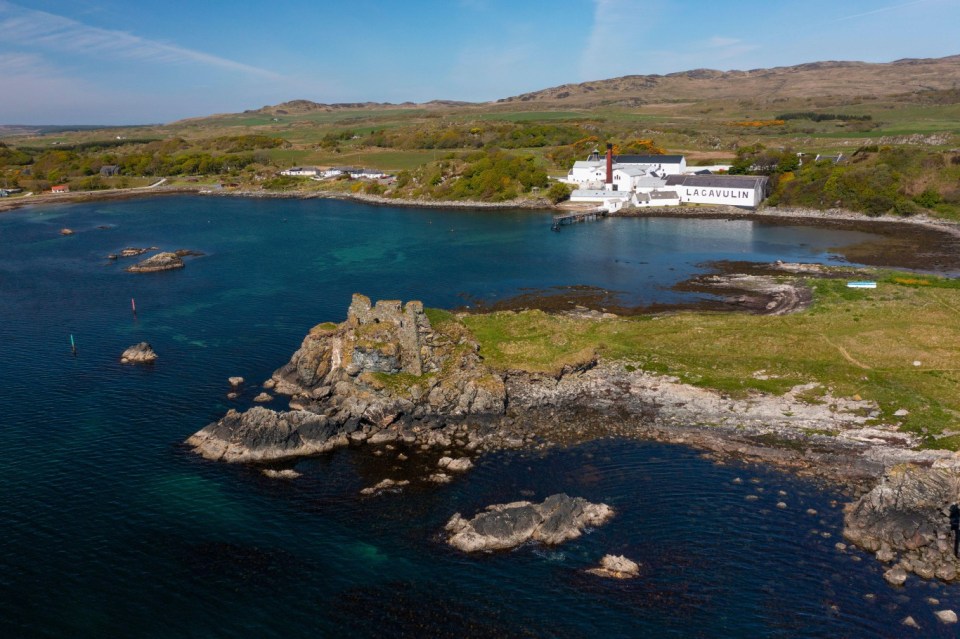 2G0NP01 Aerial view from drone of Lagavulin scotch whisky distillery at Kildalton on Islay , Inner Hebrides , Scotland, UK