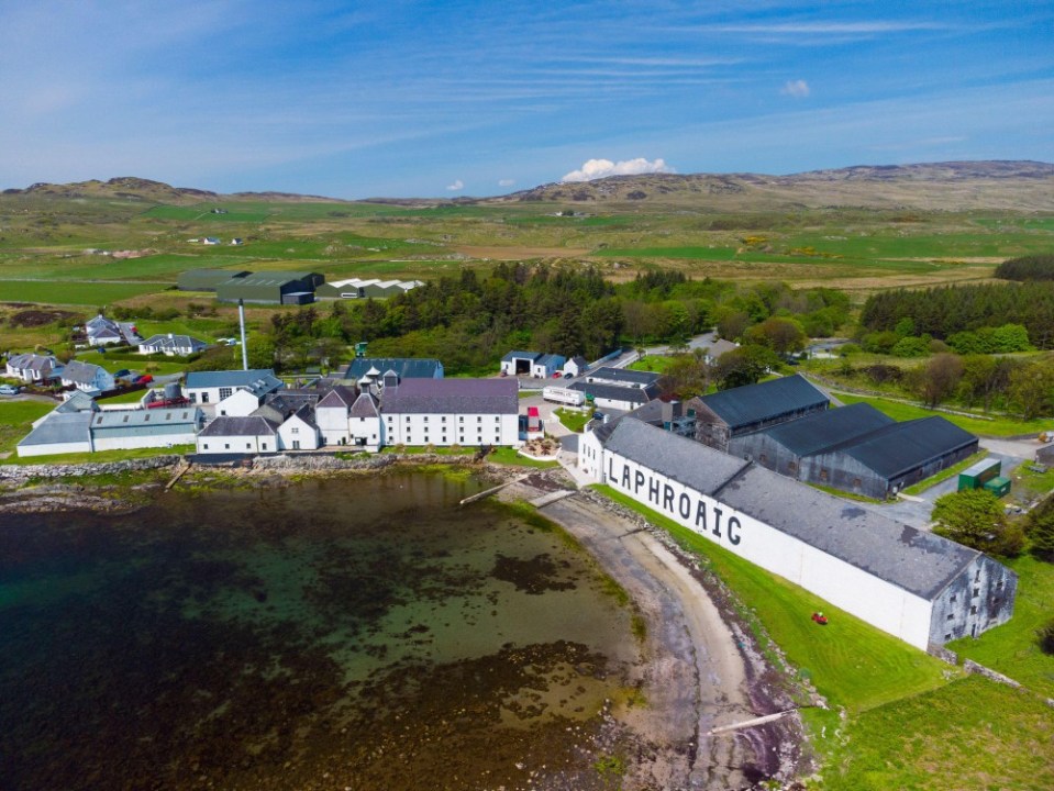 2G0NP3M Aerial view from drone of Laphroaig scotch whisky distillery at Kildalton on Islay , Inner Hebrides , Scotland, UK