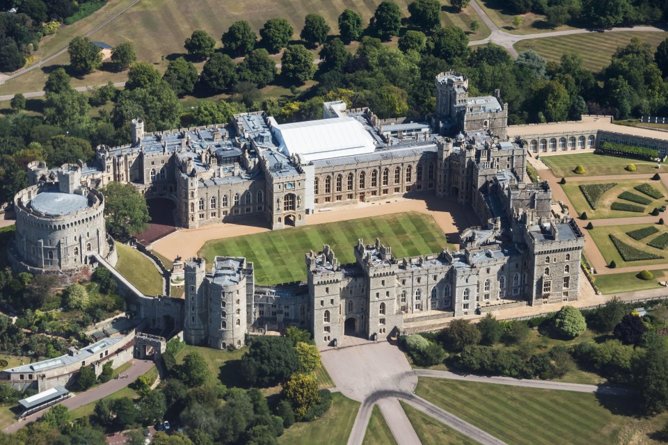 an aerial view of a large castle surrounded by trees