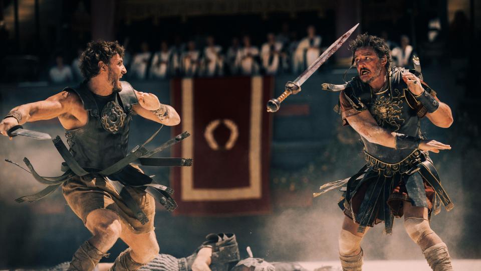 Paul Mescal and co-star Pedro Pascal in a fight scene from Gladiator II