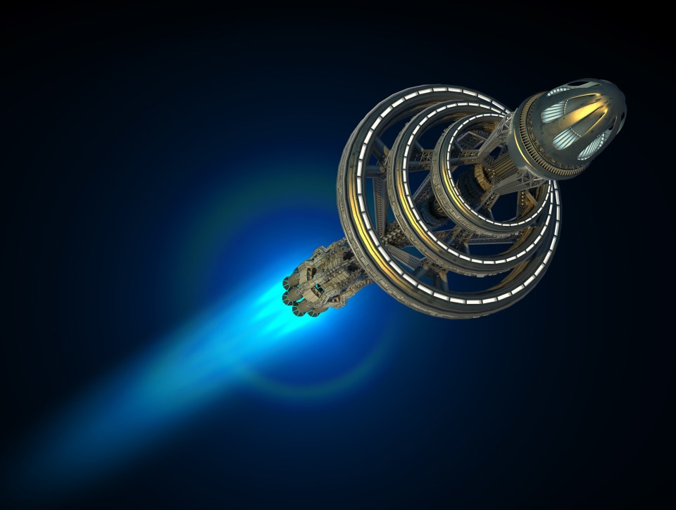 3D interstellar starship with afterburner propulsion jets for futuristic deep space travel or science fiction backgrounds, with the clipping path included in the illustration.