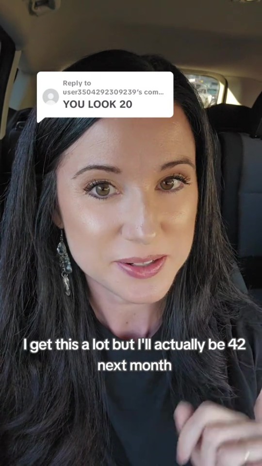 a woman in a car with a reply that says you look 20