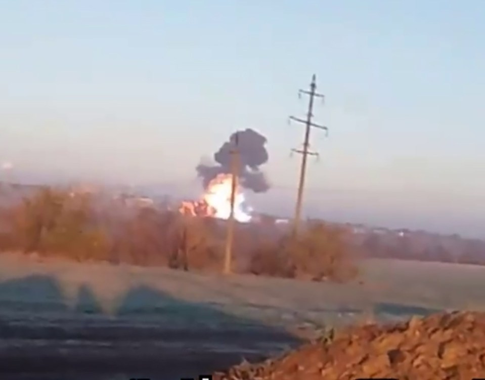 An explosion pictured in Ukraine this morning