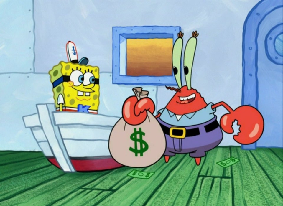 a cartoon character holding a bag of money with a dollar sign on it