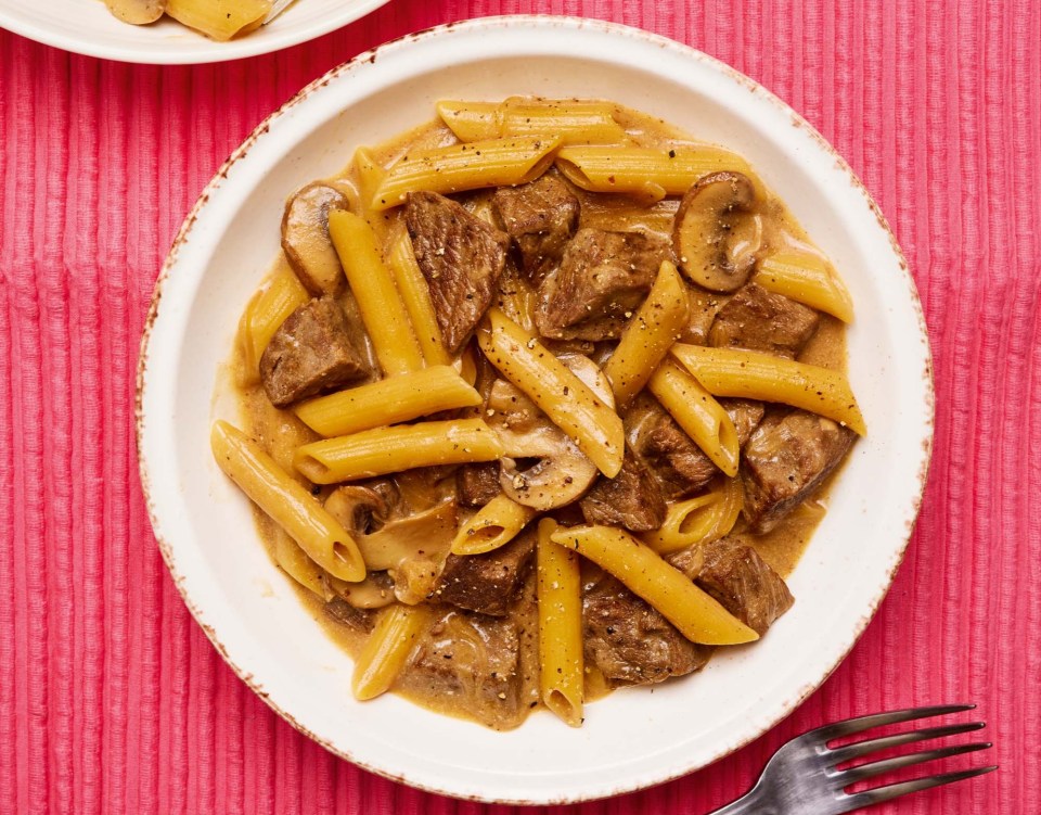 two plates of pasta with meat and mushrooms on a table