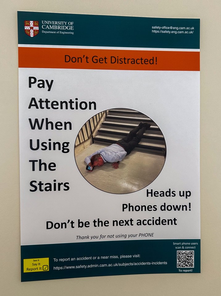 The posters warning brainbox students about the dangers of walking down steps