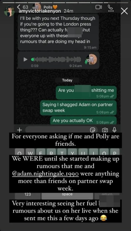 a screenshot of a text conversation between polly and amyvictoriakenyon