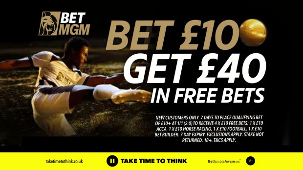 an advertisement for bet mgm that says bet £ 10 get £ 40 in free bets