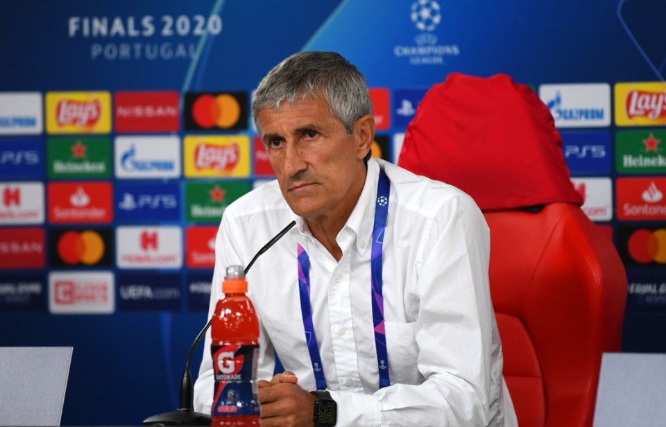 LISBON, PORTUGAL - AUGUST 14: Quique Setien, Head Coach of FC Barcelona speaks to media during a press conference following the UEFA Champions League Quarter Final match between Barcelona and Bayern Munich at Estadio do Sport Lisboa e Benfica on August 14, 2020 in Lisbon, Portugal. (Photo by UEFA Handout/UEFA via Getty Images)