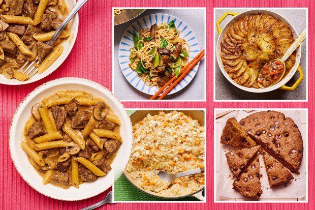 a collage of different types of food on a pink background