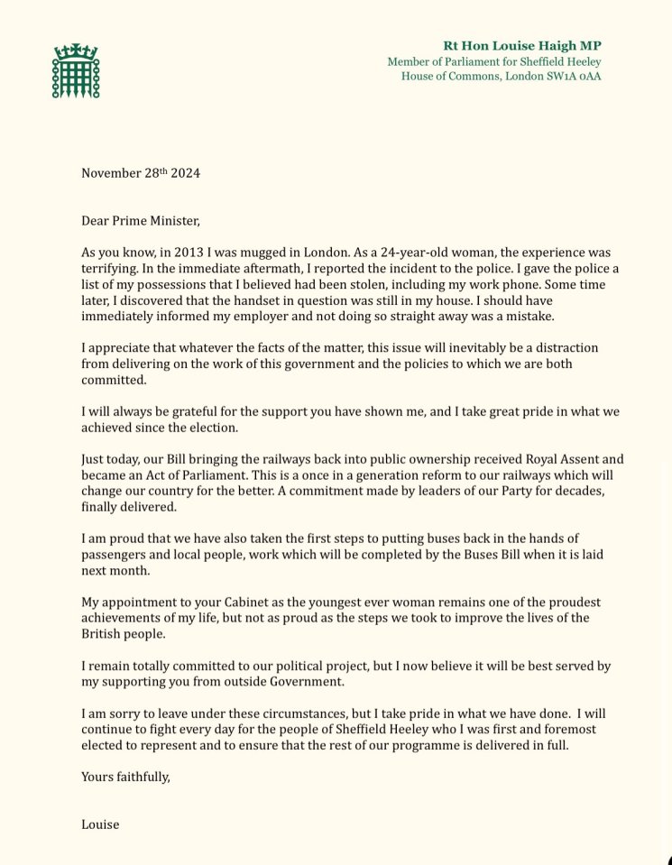 Haigh's resignation letter to the Prime Minister