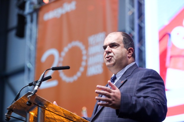 Stelios Haji-Ioannou, founder of EasyJet Plc, speaks at the EasyJet 20th anniversary event in Luton, U.K., on Tuesday, Nov. 10, 2015. EasyJet Plc said it will roll out a loyalty offering for frequent flyers next year, as Europe's second-biggest discount carrier targets repeat customers. Photographer: Chris Ratcliffe/Bloomberg via Getty Images