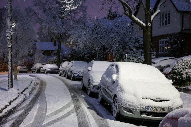 a row of snow covered cars are parked on a snowy street