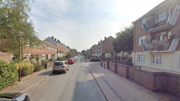 a row of cars are parked on the side of a street