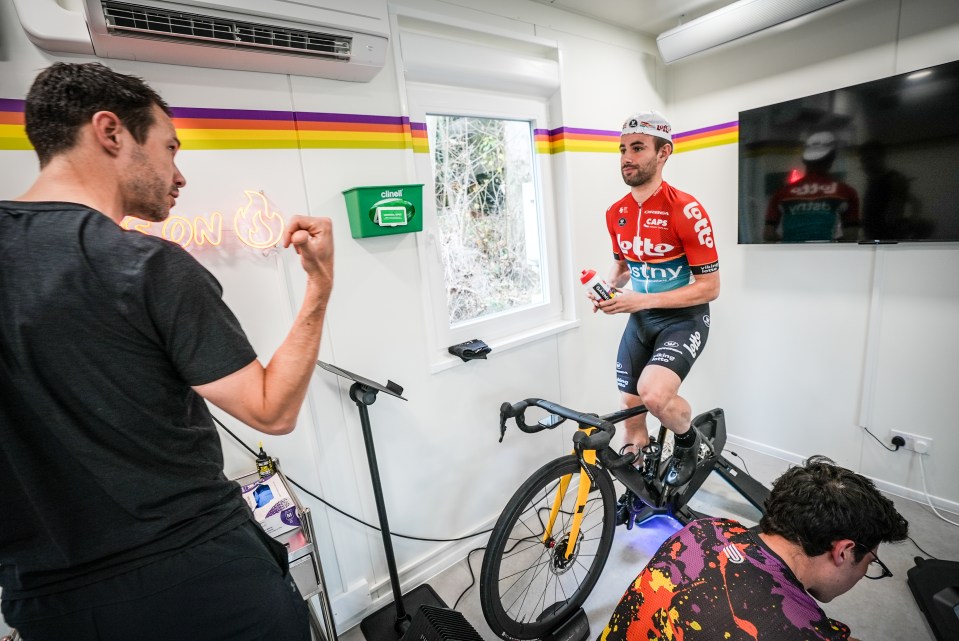 Victor gears up for the 50-minute training session inside Precision's heat chamber