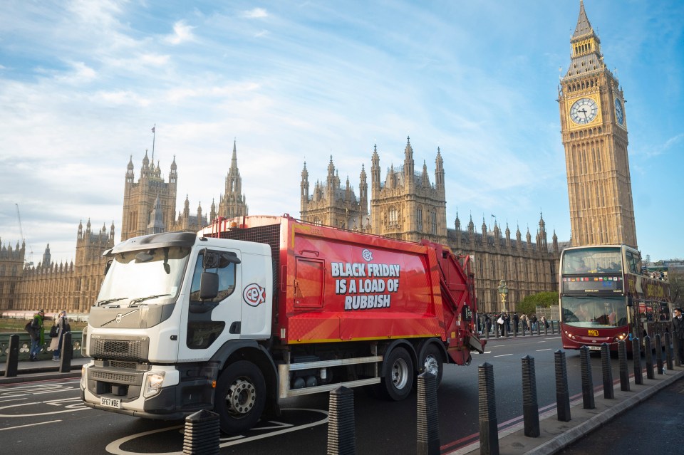 *** FREE FOR EDITORIAL USE ***

A red rubbish lorry stacked with discarded gadgets rolled through London yesterday, declaring 'Black Friday is a load of rubbish,' as CeX called for better, more sustainable shopping.