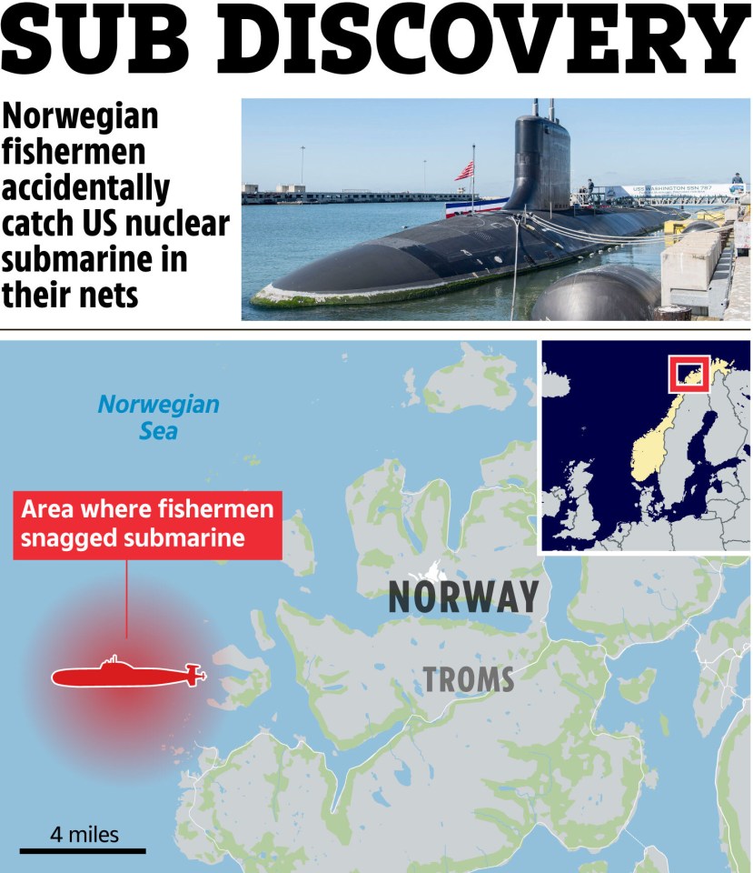 a newspaper article about norwegian fishermen accidentally catching us nuclear submarine in their nets