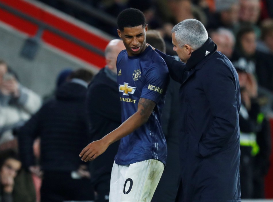 Soccer Football - Premier League - Southampton v Manchester United - St Mary's Stadium, Southampton, Britain - December 1, 2018 Manchester United's Marcus Rashford with manager Jose Mourinho after being substituted off REUTERS/Eddie Keogh EDITORIAL USE ONLY. No use with unauthorized audio, video, data, fixture lists, club/league logos or "live" services. Online in-match use limited to 75 images, no video emulation. No use in betting, games or single club/league/player publications. Please contact your account representative for further details.