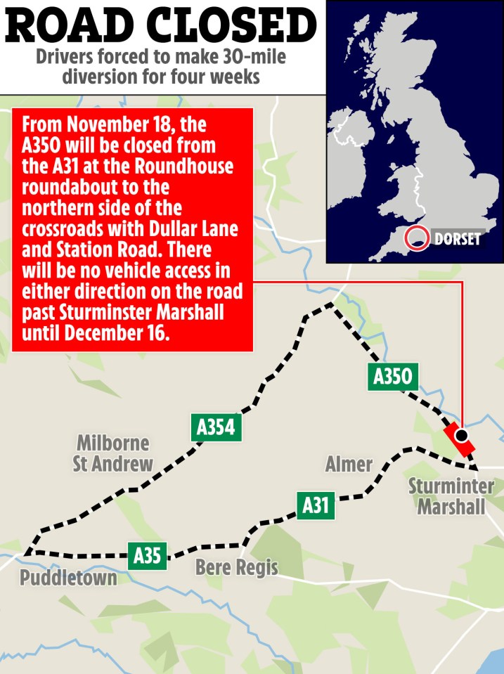 a map showing the road closed from november 18th to december 16th