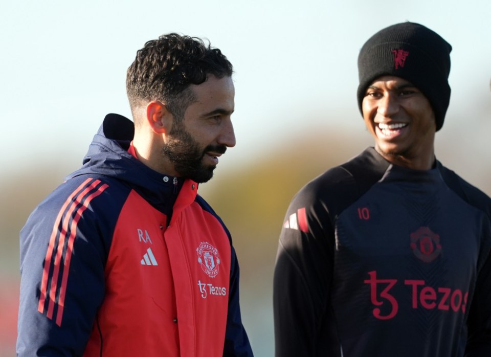 Manchester United manager Ruben Amorim with Marcus Rashford during a training session at Carrington Training Centre, Manchester. Picture date: Wednesday November 27, 2024. PA Photo. See PA story SOCCER Man Utd. Photo credit should read: Martin Rickett/PA Wire. RESTRICTIONS: Use subject to restrictions. Editorial use only, no commercial use without prior consent from rights holder.