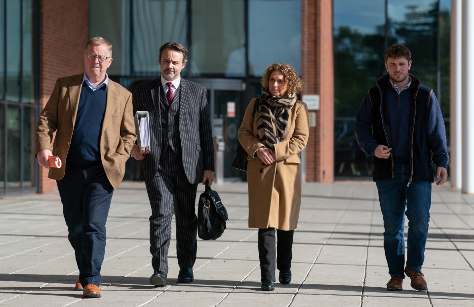 Hannah Ingram-Moore, the daughter of the late Captain Sir Tom Moore, with husband Colin (left) and son Benjie (right), at Central Bedfordshire Council in Chicksands, Bedfordshire, for a hearing to appeal against an order to demolish an unauthorised spa pool block built at her home. Picture date: Tuesday October 17, 2023. PA Photo. Mrs Ingram-Moore and her husband Colin applied in 2021 for permission to build a Captain Tom Foundation Building in the grounds of their home in Marston Moretaine, Bedfordshire. See PA story SOCIAL CaptainTom. Photo credit should read: Joe Giddens/PA Wire