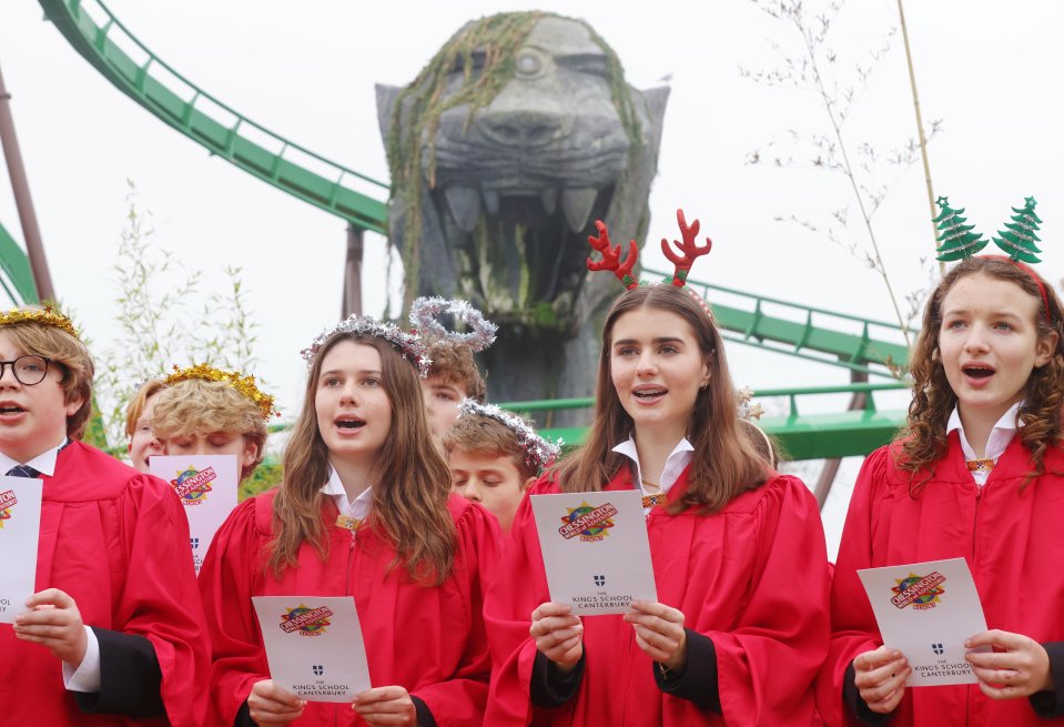 The Crypt Choir of The King’s School Canterbury rehearses for an extreme carol , 66ft up in the air on Chessington World of Adventures' Mandrill Mayhem rollercoaster