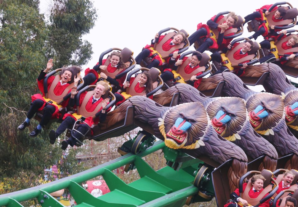 A group of people riding a roller coaster with baboons on the seats