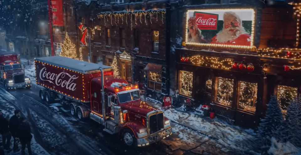 a coca cola truck is driving down a snowy street