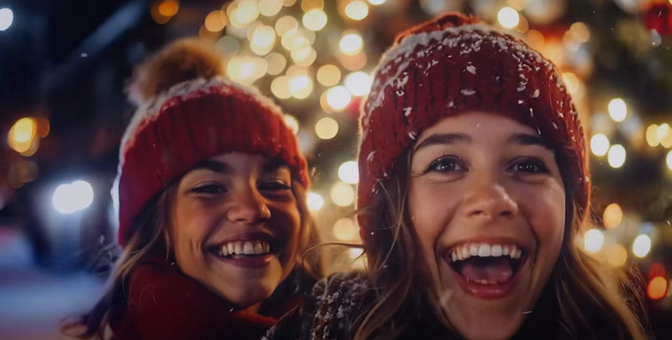 two girls wearing red hats are laughing in front of a christmas tree