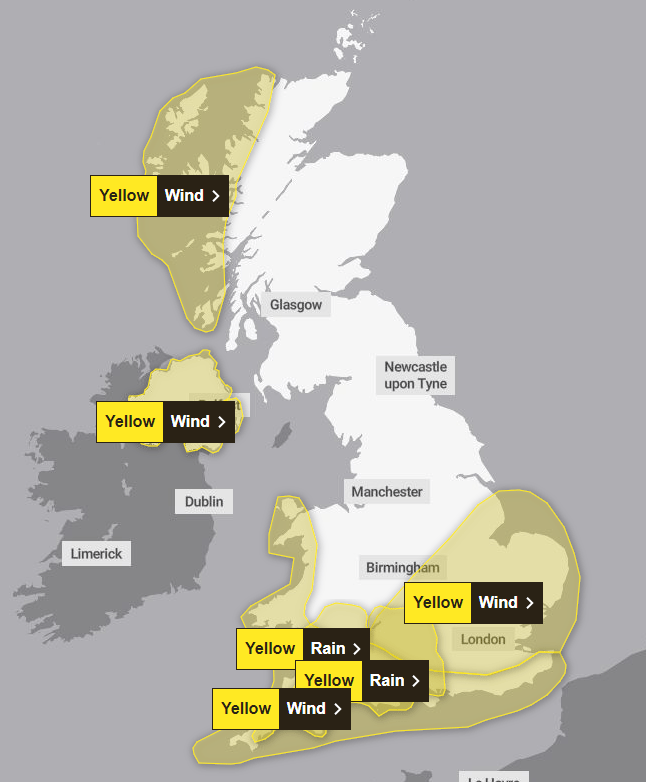 The Met Office has issued six yellow weather warnings today