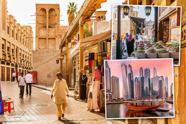 a collage of pictures shows a man walking down a street a boat and a city skyline