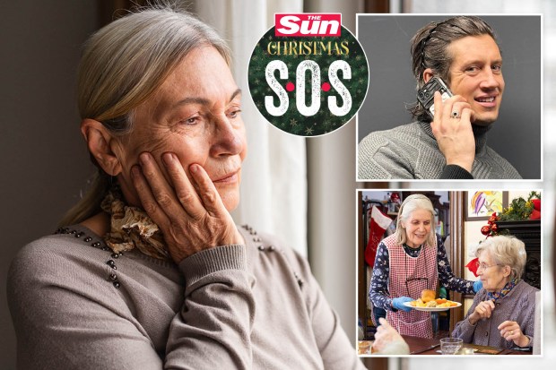 A collage promoting a Christmas SOS campaign showing a lonely elderly woman, a man on the phone, and volunteers serving Christmas dinner to an elderly woman.