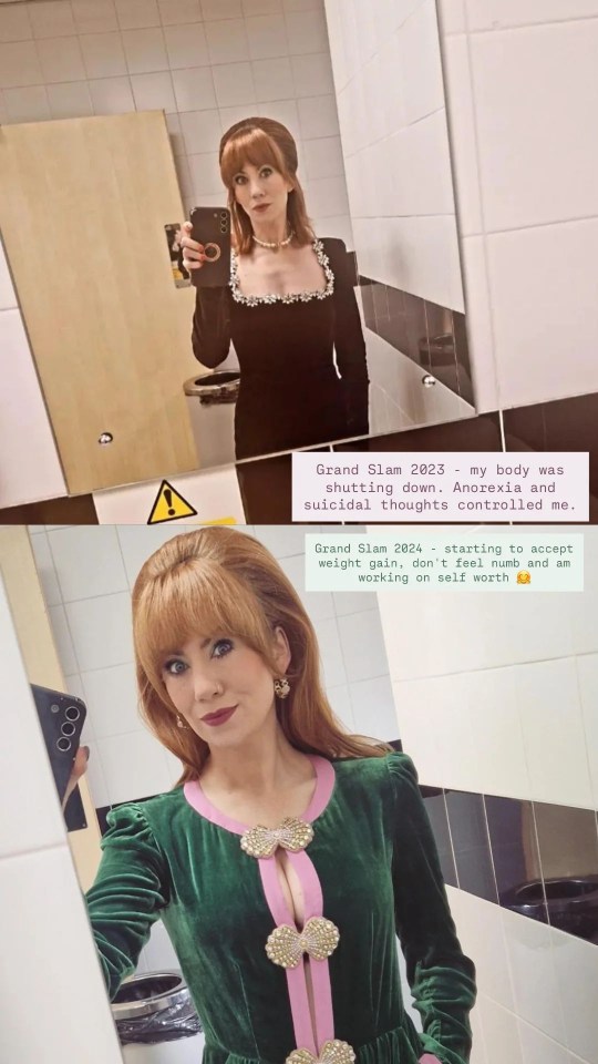 a woman in a green dress is taking a selfie in front of a mirror