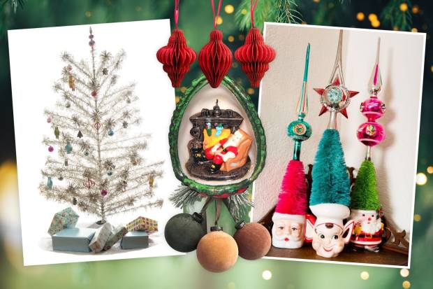 a collage of christmas decorations including a christmas tree