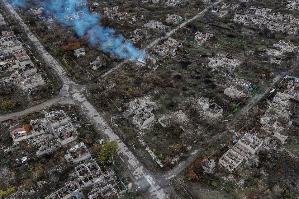 An aerial view of Chasiv Yar in the Donetsk region shows the frontline city in ruins after heavy fighting between Russian and Ukrainian forces