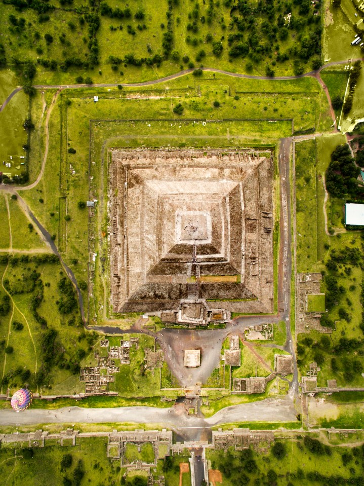 Aerial view of the Pyramids of the Sun in Teotihuacan, México