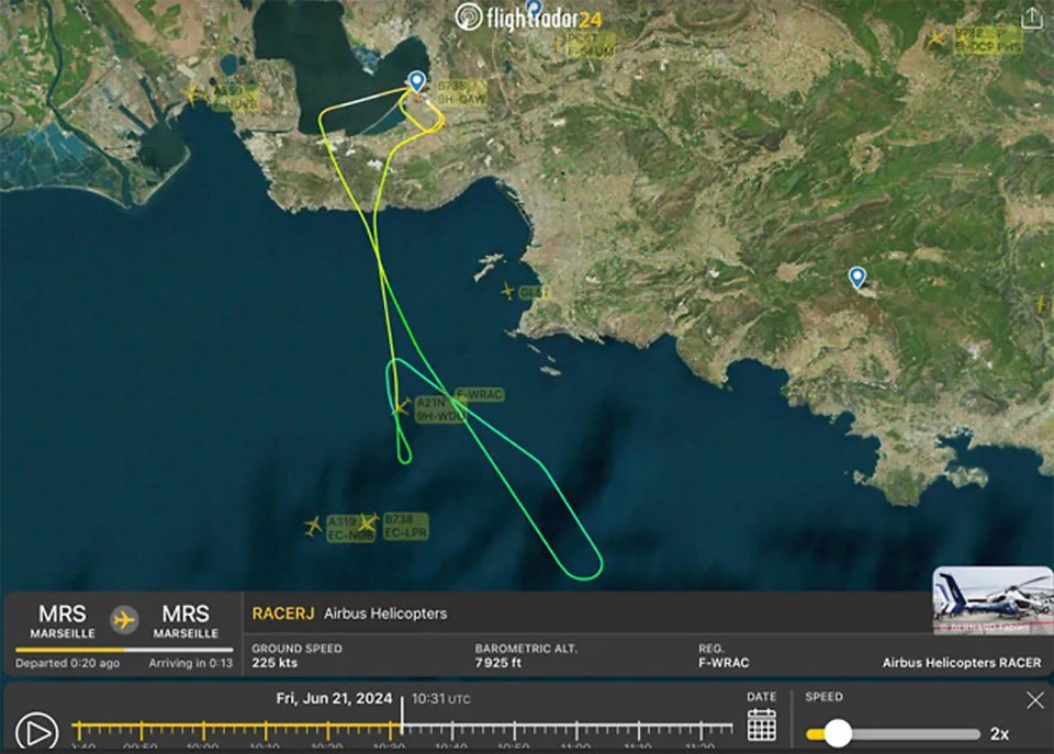 a flight radar screen shows a racerj airbus helicopter taking off from marseille