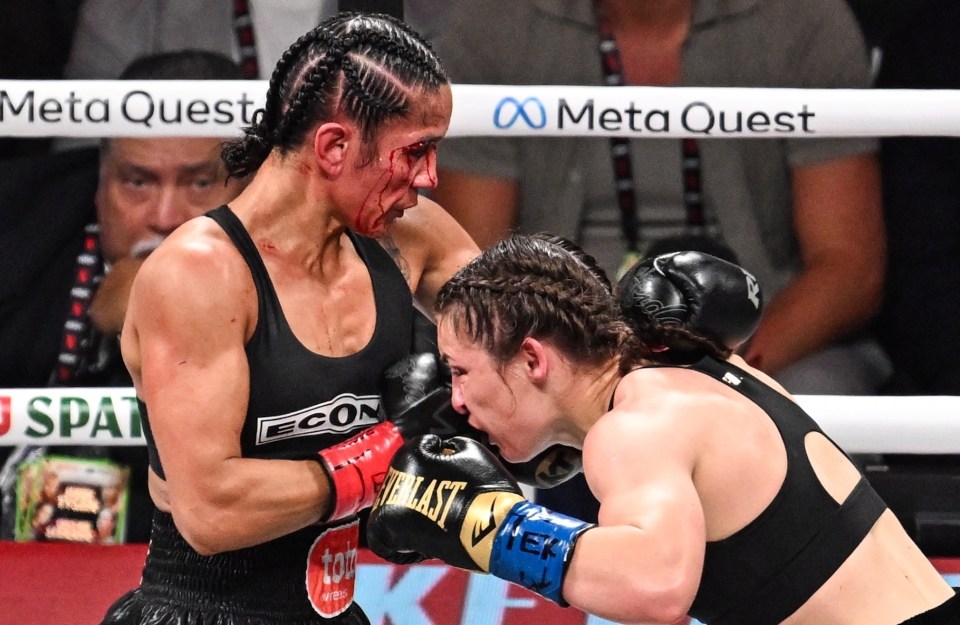 two women boxing in front of a meta quest banner